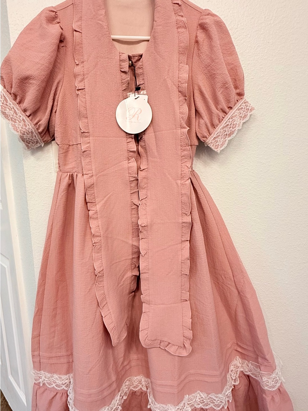 Girls' Dusty Rose Ruffle Dress with Lace Trim
